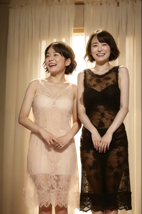 two japanese people, aged 20 and 50、a large, see-through negligee、laughter、masterpiece、highest quality