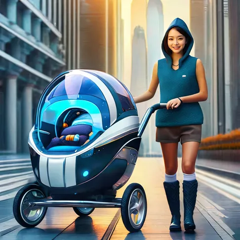 Masterpiece,high resolution,8k,Perfect Face,Perfect body。Smiling woman, 20 years old, in futuristic costume。A realistic Hollywood live-action drama about a boy pushing a futuristic capsule stroller。
