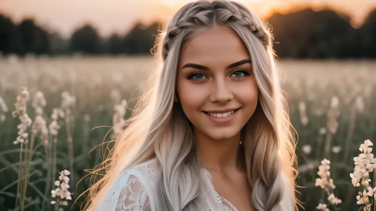 (Entire body) Beautiful girl with long braided Platinum blonde hair, gray eyes, and mysterious smile. She is wearing white lace, and She has full lips, European goddess. A beautiful field of flowers with a beautiful sunset, white and pink, energy-filled ph...