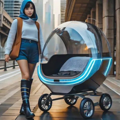 Masterpiece,high resolution,8k,Perfect Face,Perfect body。Smiling woman, 20 years old, in futuristic costume。A realistic Hollywood live-action drama about a boy pushing a futuristic capsule stroller。
