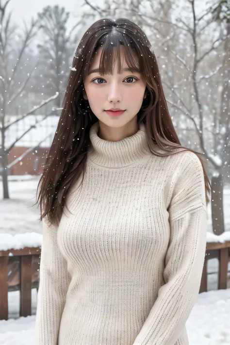 (masterpiece:1.35),(best-quality:1.4),8k,ultra-detailed,photography,(ultra-realistic:1.4), adult girl, long hair, sweater, snowing background, Large Breast, Slim Body,