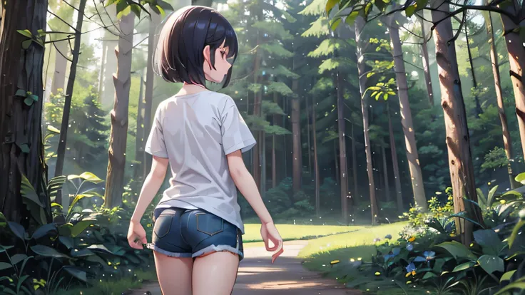 Forest bathing, girl, short sleeves and shorts, bird