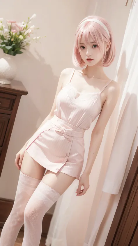 detailed background,(dramatic angles), (size difference), pink striped stockings, long stockings, pink hair, short hair, bangs, 1girl, 20 years old, Light green eyes, white hair band, Asian woman, skin indentations, cute, skinny, short:1.9 ,micro waist, sl...