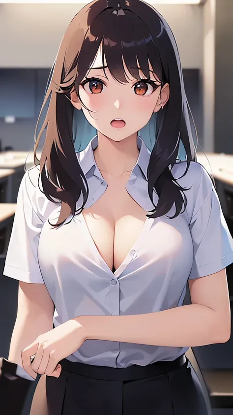 （looking at viewer:1.5）Upper Body, 
Realistic, real person, (pale skin: 1.2), RAW photo, photorealistic, shiny skin, shiny hair、(A 2 woman with medium-length hair and bangs) and (wavy hair) and (brown hair) and (orange eyes) ,
(Wearing a business suit:1.5)...