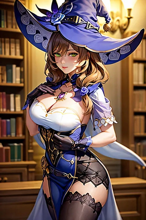 a young girl standing in a library, her hand on her chest, 1girl, beautiful detailed eyes, witch hat ,beautiful detailed lips, extremely detailed face, long eyelashes, intricate details, serene expression, natural lighting, warm color tones, (best quality,...