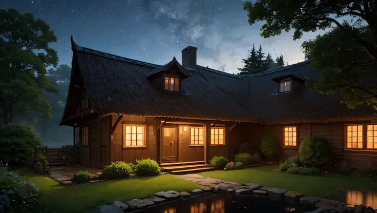 "At night, the modest home of Link from The Legend of Zelda stands quietly in the darkness, surrounded by the peaceful, rural landscape of Hyrule. The house is small and unassuming, with a thatched roof and sturdy wooden walls. A soft, warm light glows fai...