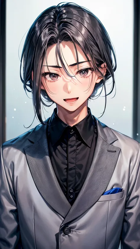 A  Japanese innocent and calm boy (( boy’s body, slender)), bluish gray very short hair(( voluminous  smooth wavy hair ))(( much unruly forelock:1.3)),((black suit )) , sparkly blue big round droopy eyes, blush, gentle and brilliant smile((open mouth)), cu...