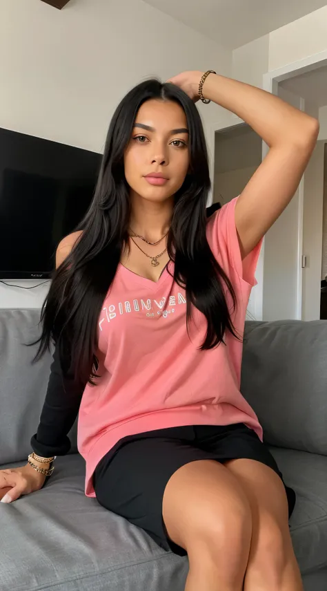 realistic photo of an 1 black and Brazilian teenager, extremely long black hair with pink measurements, is watching a movie on a modern digital TV and is eating popcorn, this one with necklace, earrings, bracelet and it is very beautiful. The young woman i...