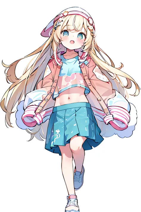 pink long letterman jacket, very long skirt, hood up, high quality, full body, run way, Belly button, Moe sleeves, White background, 