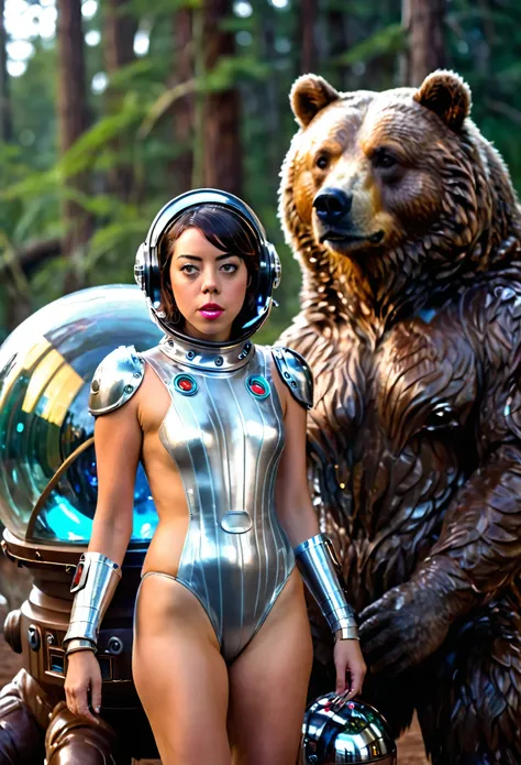 a beautiful girl (aubrey plaza) in a 60s sci-fi styled spacesuit, sexy silver space swimsuit, bubble helmet, fancy electronic tools, being guarded by her brown bear cyborg companion in a bubble helmet, on an alien world, 8k, extremely detailed, photorealis...