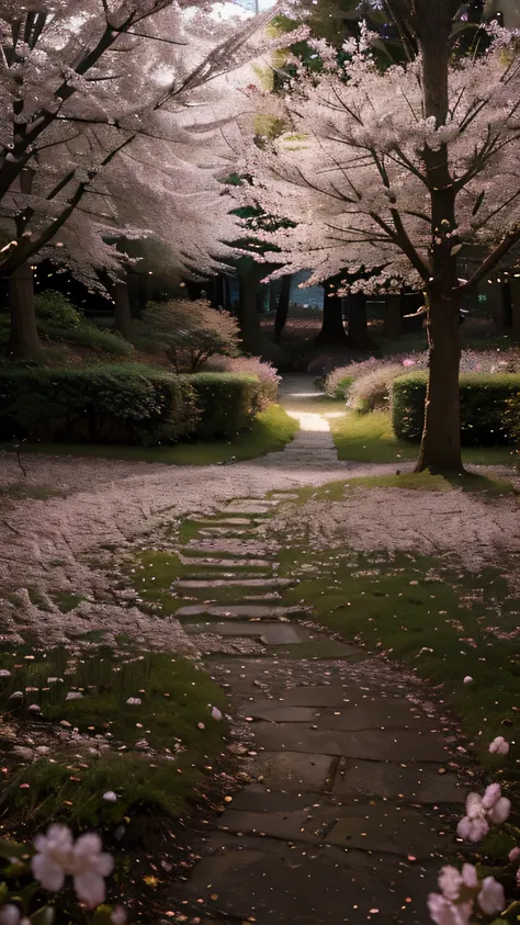 (absurdres, highres, ultra detailed, HDR, best angle), (((landscape))), inside cherry blossom forest, small path, ethereal, masterpiece, best quality, detailed, bokeh, glowing, sparkle, dramatic lighting, magical, fantasy, warm lighting, cinematic