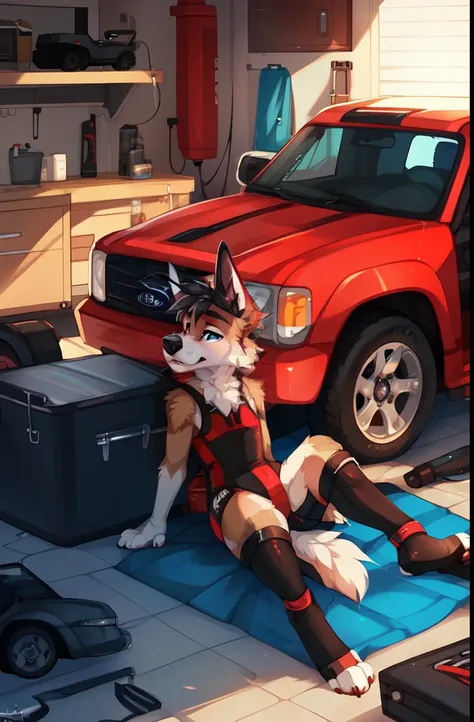 garage，Auto repair，toolbox,Ford Pickup Truck，Lying on the hood，Sexy latex swimsuit，stirrup legwear, ((by keihound, by reysi)), by Zackary911, by hyattlen, by fumiko, by fluff-kevlar, Furry, Anthro,