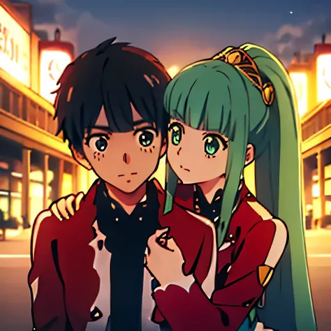 1 boy with black hair, Red jacket romantically kissing a girl in a red and white dress Long light green hair and green eyes, bright city at night in the background., True love, blushing cheeks, high quality 