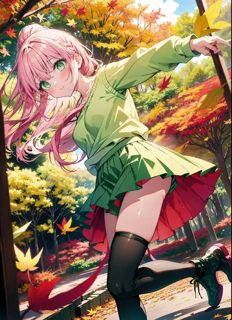 Laladevi Luke, Lara Deviluke, Long Hair, Pink Hair, tail, Ahoge, bangs, hair ornaments, (Green Eyes:1.5), smile,ponytail,Open your mouth,blush,
break demon tail, One-shoulder sweater,mini skirt,black tights, short boots,autumn leaves,autumn leavesが散っている,au...