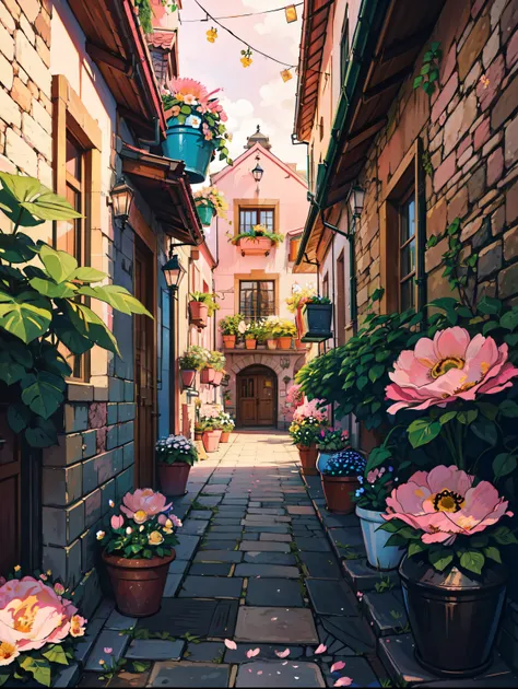 (masterpiece:1), A highly (detailed anime-style:1) (illustration:1)of a picturesque European street. The (main building1.5)in focus has an old-world charm, with its facade intricately painted with vibrant floral patterns. (Pink:1.5) and (red roses1.5) casc...