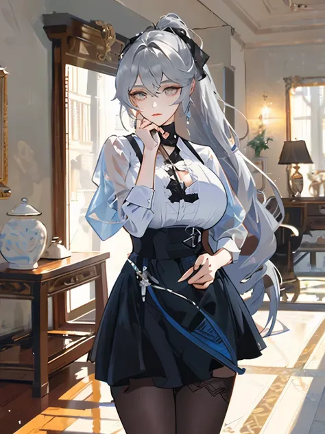 1 girl! Ray Tracing, Best shadow, high resolution (Dim Lights) Detailed background (living room) Fluffy silver hair, Plump girl, high ponytail avoiding golden eyes in the ominous living room (girl in white shirt, black wrinkle skirt, With black transparent...