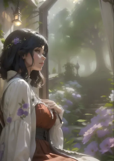 there is a woman that is looking out a window at a big tree, trees, digital painting, soft digital painting, soft illustration, at a forest. digital art, dreamy illustration, dreamy psychedelic,, an expressive digital painting, color-key painting, purple f...