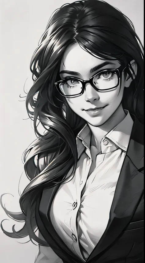 sketch，pencil drawing，portrait of a young woman，long wavy hair，smile，business attire，glasses，black and white photo，black and whi...