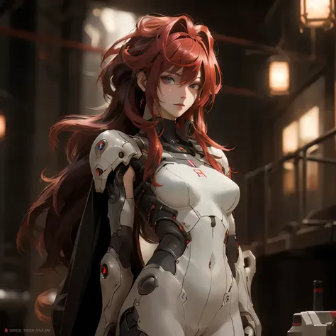 ((best quality)), ((Masterpiece)), (details:1.4), 3d, Image of a beautiful cyberpunk woman., HDR (high dynamic range), mature woman, Hips up, Curtain Bangs, Red hair, white eyes, battle suit, Light black armor, PBR surface, After processing, Anisotropic fi...