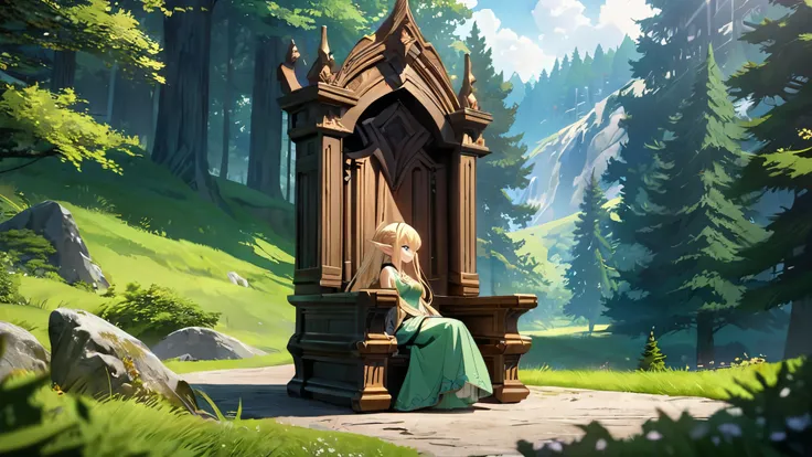  anime aestetics, anime scenery, green forest, throne made of wood, elf woman sitting on the throne, beautiful slim face, elven ears, long blonde hair, braid haircut, beautiful bright green dress, wearing golden tiara, bright day, landscape scenery, oak tr...