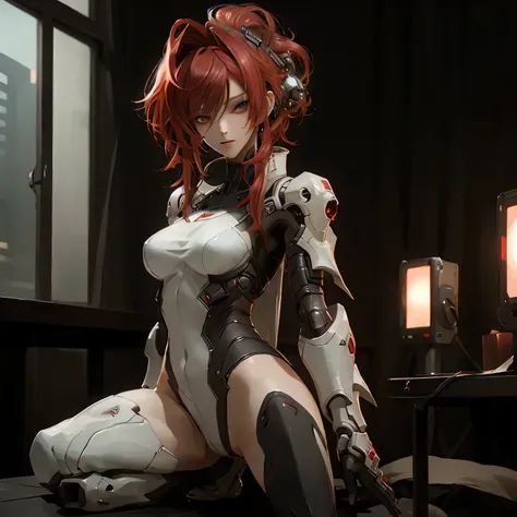 ((best quality)), ((Masterpiece)), (details:1.4), 3d, Image of a beautiful cyberpunk woman., HDR (high dynamic range), mature woman, Hips up, Curtain Bangs, Red hair, white eyes, battle suit, Red armor, PBR surface, After processing, Anisotropic filtration...