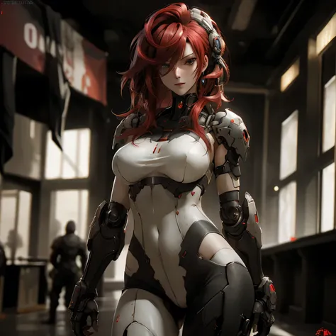 ((best quality)), ((Masterpiece)), (details:1.4), 3d, Image of a beautiful cyberpunk woman., HDR (high dynamic range), mature woman, Hips up, Curtain Bangs, Red hair, white eyes, battle suit, Heavy armor, PBR surface, After processing, Anisotropic filtrati...