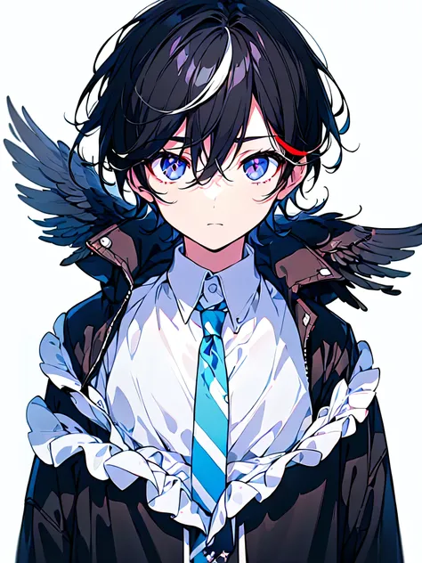 [(WHITE BACKGROUND:1.5),::5], ((((masterpiece)))), high quality, ultra very high resolution, full color, (((solo))), ((little boy)), Black hair, ((White streaked hair)), (Black eyes), anime, ((upper body)), black parka, 