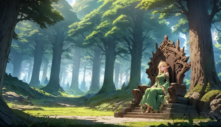  anime aestetics, anime scenery, green forest, throne made of wood, elf woman sitting on the throne, beautiful slim face, elven ears, long blonde hair, braid haircut, beautiful bright green dress, wearing golden tiara, bright day, landscape scenery, oak tr...