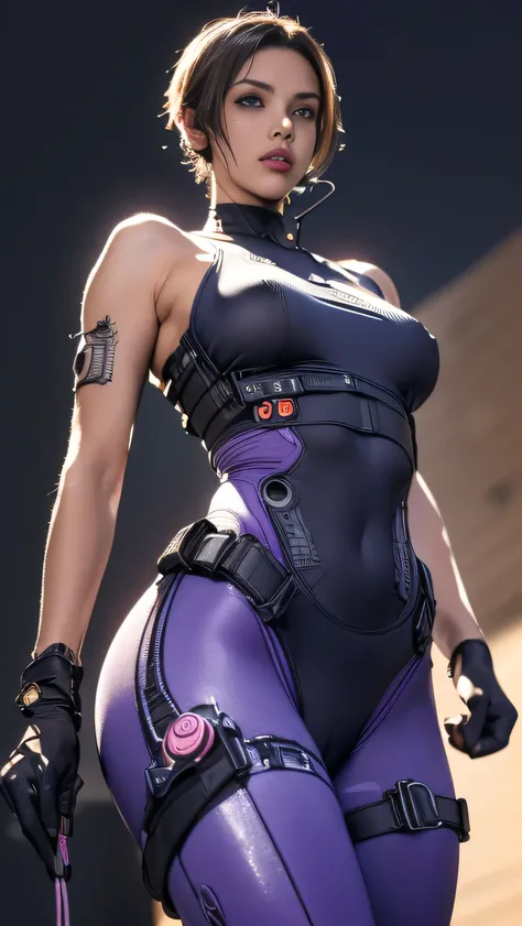 (A woman),(((A female member of the Future Force stands))),((puple tactical high leg bodysuit:1.5)),((earphone:1.5)),((Tactical Holster:1.5)),(Gloves:1.5),(Serious:1.5),(Super short hair:1.5),(beautiful eyes:1.3),(Very detailedな顔:1.5),((Very detailed drawi...