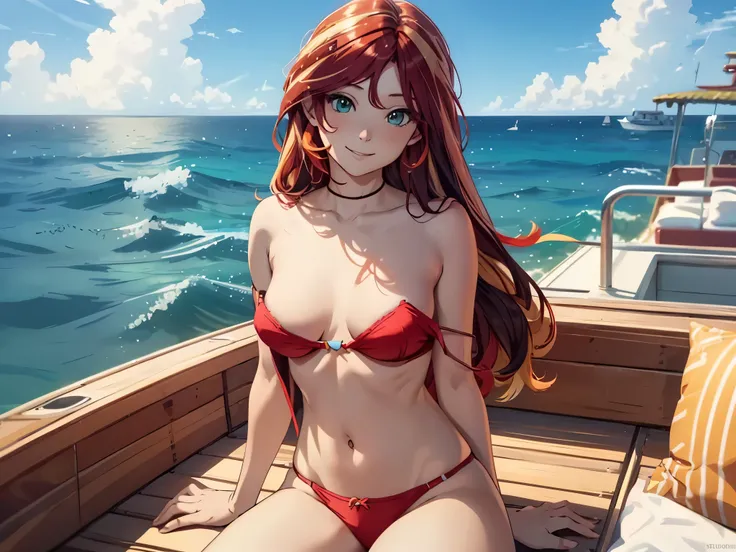 Sunsethuman, female, two tones of hair, red and yellow hair, white bikini, sitting on a boat, open ocean, blue sky, smiling, Undressing Bra