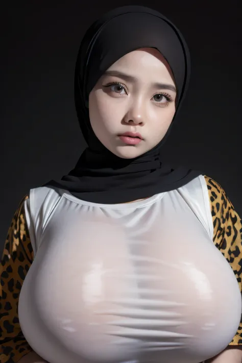 Jumbo (Singlet), Chubby adorable, 1 girl, (face to face), , baby face, angry face expression, half body portrait, (face details: 1), (eye details: 1), ((big breasts)). wearing transparent transparency soft long shirt, hijab, .. Cute posed. proportional bod...