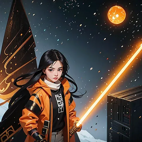 black gold silk cyberpunk mine snow light orange rough linen cloak trump lightsaber space floating 1:6 miniatures，illustration