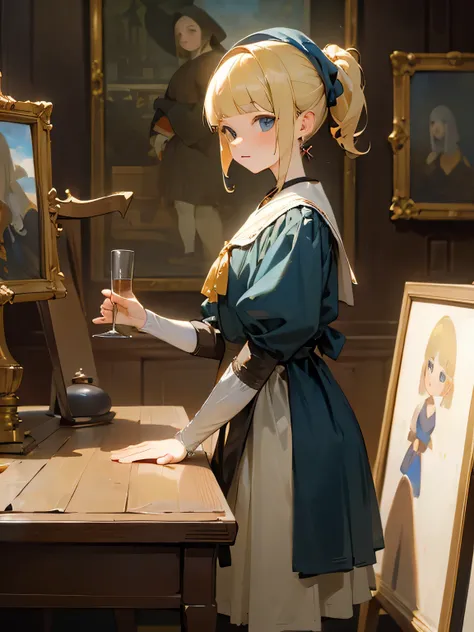 Tabletop, girl,World Masterpiece Theatre, Ride Blonde Hair,  Adult Lady,  shape, Looking at the audience, Material, canvas, Oil,  Vermeer Artist ,