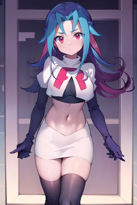 masterpiece, best quality, highres, kr1, multicolored hair, dyed bangs, team rocket,team rocket uniform,white skirt,red letter R,crop top,black thigh-highs,black elbow gloves, cowboy shot, 