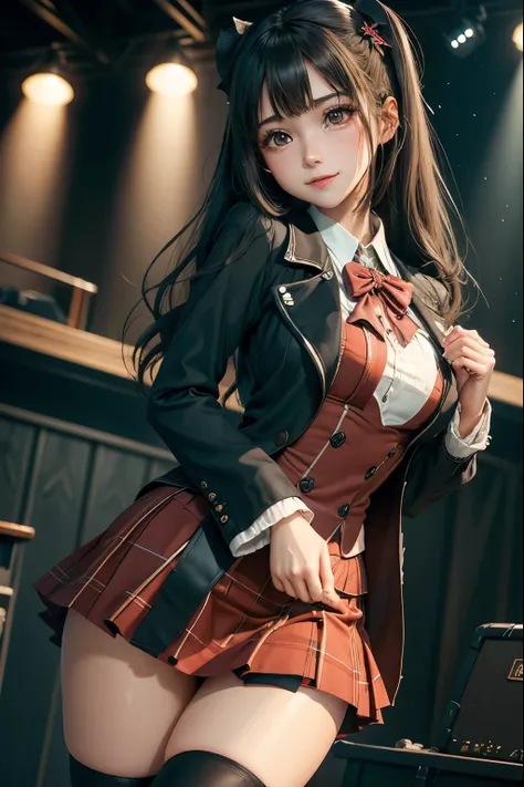 high school girl blazer、uniform、red checked knee-length skirt、long skirt、jk style、jacket、smile、knee-high socks、thigh-high socks、...