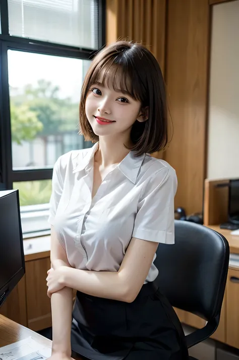 cowboy shot, masterpiece, top quality, high resolution, HDR, 8k, very beautiful Japanese girl in casual office shirt, black skirt, short hair, black hair, bangs, ((big breasts)), concentrated face, smile, happy, random pose, perfect