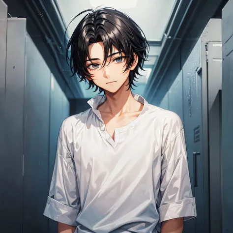 An anime-style illustration of a young man in his late teens or early twenties, from the shoulders up.	
He has short, slightly tousled black hair and a soft, gentle face.	
He wears a white shirt with a collar.	
His eyes are large and expressive, with a cal...