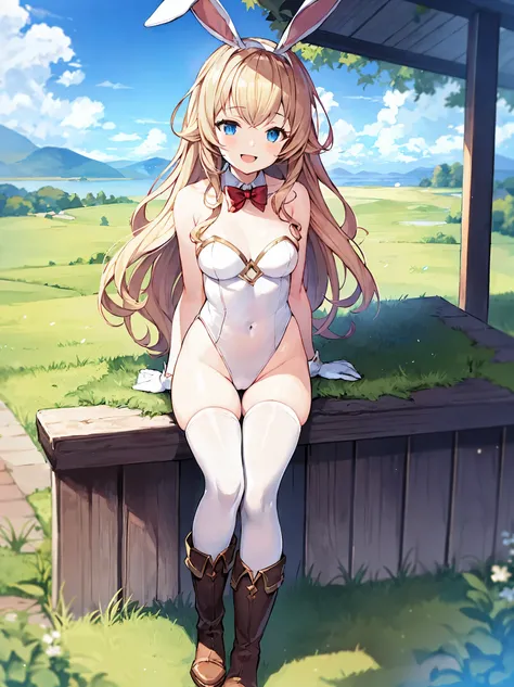 GRANBLUEfantasy,1young_teen_ girl,brown_hair,long_curly_hair,platina_blond_hair,white_leotard,covered_crotch,thigh-highs,smile,standing,bluesky_landscape_background,slightly_spread_legs,happiness, short_gloves ,solo, r18, navel,relicbuster,short,boots,open...