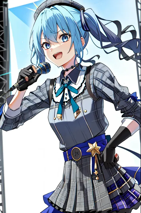 1 girl、star town suisei、blue eyes、gloves、microphone、blue hair、plaid、hat、choker、open mouth、plaid hat、side ponytail、beret、crown、sk...