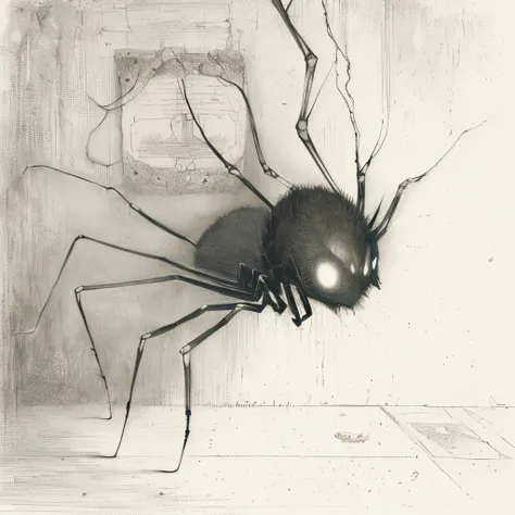 there is a drawing of a Spider that is hanging from the wall, Odilon Redon. Drexler, Alfred Kubin, Odilon Redon, a cute Spider, inspired Alfred Kubin, Sean Tan, fear of Spiders, By Theophil Steinlen, Edward Baird, by Josse Lieferinks, Spider