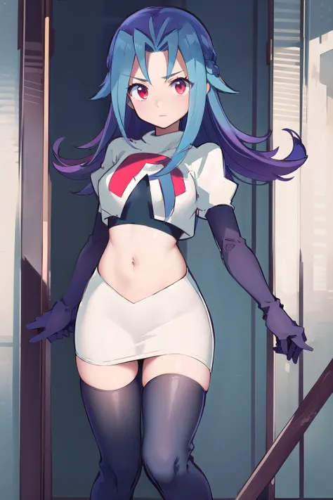 masterpiece, best quality, highres, kr1, multicolored hair, dyed bangs, team rocket,team rocket uniform,white skirt,red letter R,crop top,black thigh-highs,black elbow gloves, cowboy shot, 