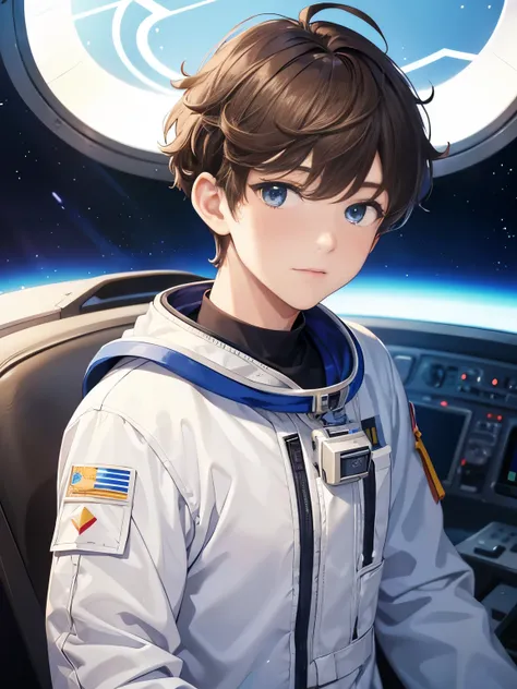 1boy,guy,Astronaut uniform , ,blue eyes,half body photo,1,Curly hair,medium hair,undercut hairstyle,light brown hair, ultra detail,masterpiece