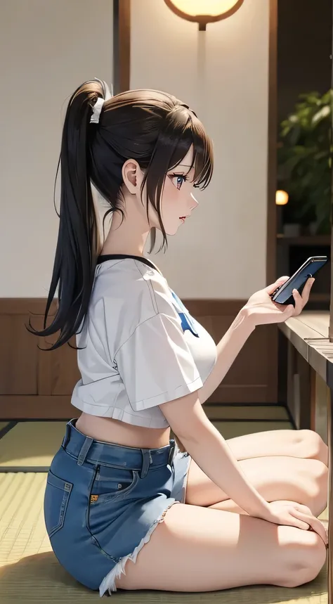 (side view), a young Japanese idol girl with long black hair, (ample breasts). wearing a short-sleeved white T-shirt and denim shorts. the girl has a smartphone and ((staring at it)) with a stern expression on her face.