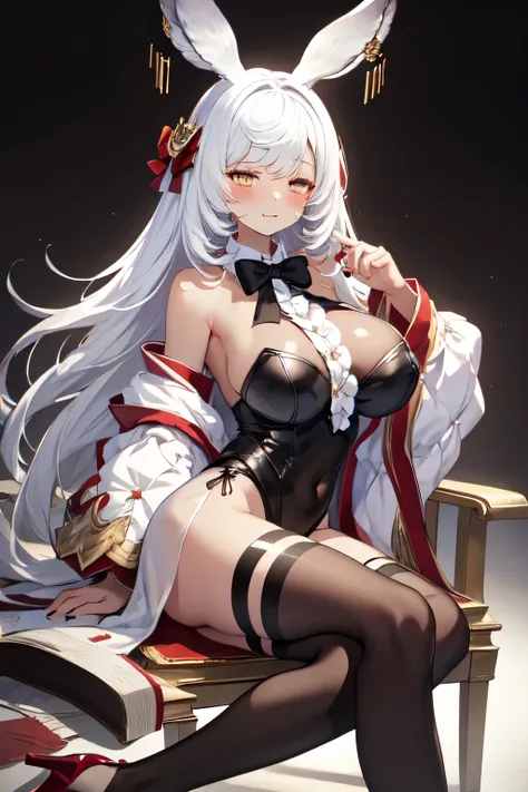 masterpiece, (detailed, high resolution, best quality), 1 Girl, Makuladev, Rabbit ears, Hairpin, Black tights, Ruffles, Separate sleeves, White stockings, , , chain, Chair, Feet out of frame, Halo, Arm support, blush, Shut up, Feet beyond frame, Half close...