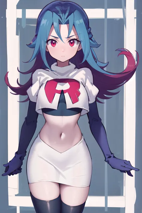 masterpiece, best quality, highres, kr1, multicolored hair, dyed bangs, team rocket,team rocket uniform,white skirt,red letter R,crop top,black thigh-highs,black elbow gloves, cowboy shot, 