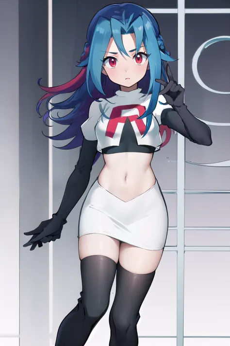 masterpiece, best quality, highres, kr1, multicolored hair, dyed bangs, team rocket,team rocket uniform,white skirt,red letter R,crop top,black thigh-highs,black elbow gloves, cowboy shot, 