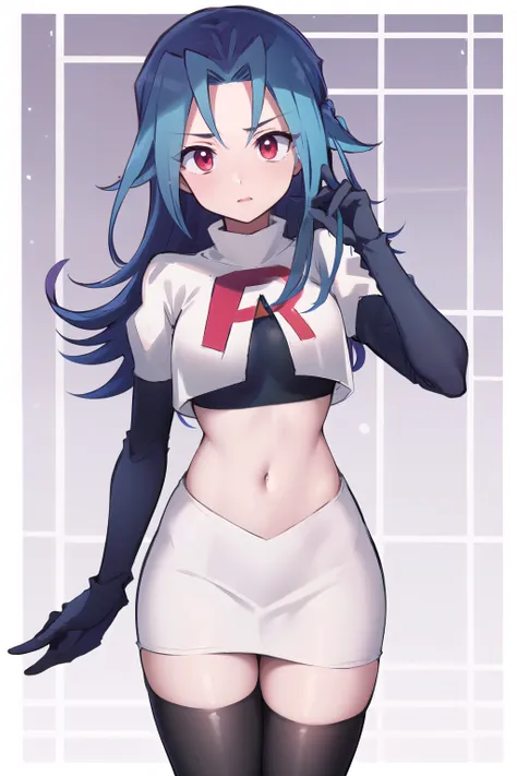 masterpiece, best quality, highres, kr1, multicolored hair, dyed bangs, team rocket,team rocket uniform,white skirt,red letter R,crop top,black thigh-highs,black elbow gloves, cowboy shot, 
