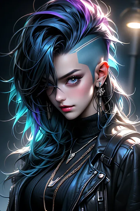 Professional:1.Six models, (最high quality, 4K, 8k, High resolution, masterpiece:1.2), Very detailed, Realist, Punk Style, Punk Fashion, ((Upper body portrait)), Spiked clothing, Chain Accessories, Rebel Pose, Mohawk Alto, Fancy rainbow hair, (Night forest ...