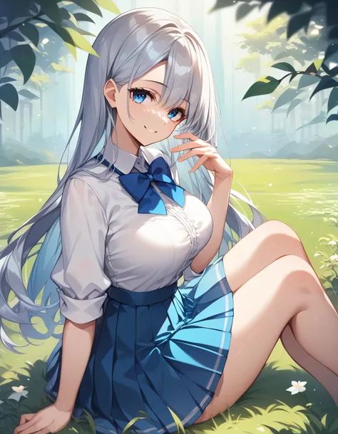 1 girl, ((Girl is curvy, beautiful and tall)), ((silver blue ombre hair))((Long hair))((Bang)), ((blue eyes)), ((Girl wears long sleeved white blouse, blue bowtie, short blue pleated skirt)), ((Grass yard, sitting)), looking at viewer, smiling warmly, BREA...