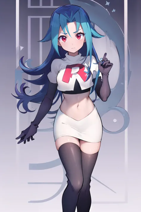 masterpiece, best quality, highres, kr1, multicolored hair, dyed bangs, team rocket,team rocket uniform,white skirt,red letter R,crop top,black thigh-highs,black elbow gloves, cowboy shot, 